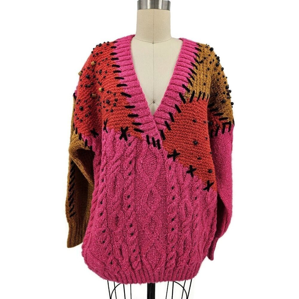Vtg Deadstock Sideffects V Neck Sweater Womens S Beaded Pink Wool Blend - Picture 3 of 9
